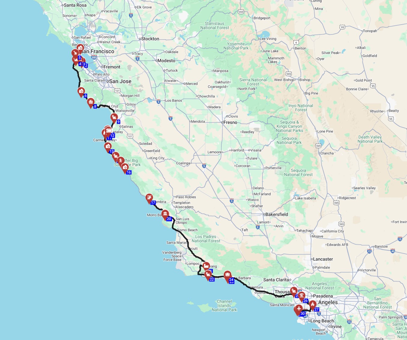 Best free RV trip planner from San Francisco to Los Angeles, USA